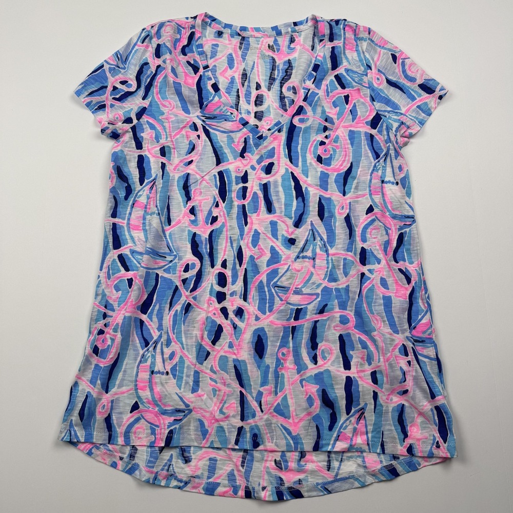 Lilly Pulitzer Shirt Womens XS Blue Pink Nautical Anchor Sailboat Print Top